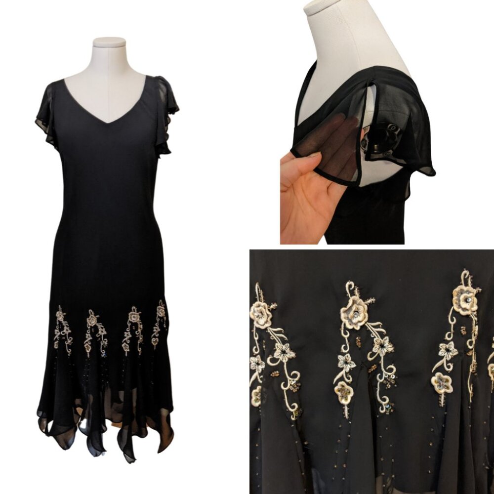 Vintage Y2K Jessica Black Dress Whimsygoth Fairy Ruffle Beaded Embroidered Sz 12